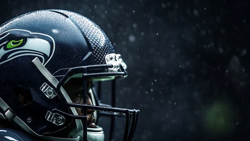 Rain-soaked gridiron helmet under directional stadium lighting.