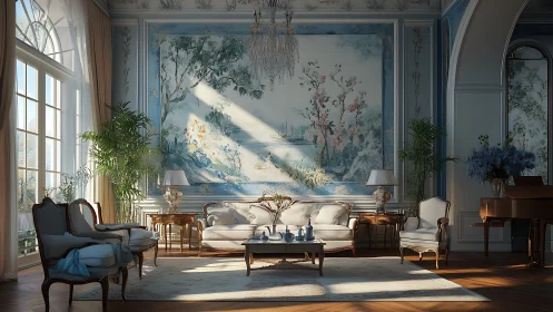 Sunlit classical living room with mural and grand piano