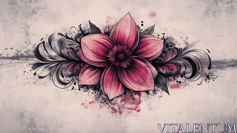 Pink flower illustration with ink splatters on pale background.