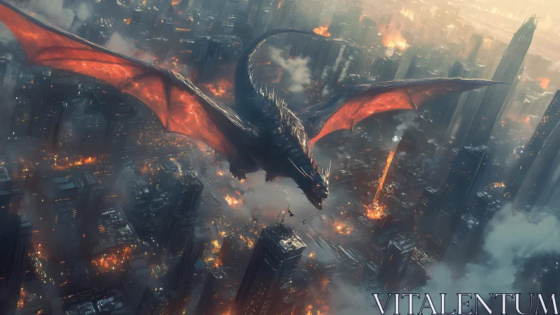 Dragon over burning high-rise cityscape during aerial assault.
