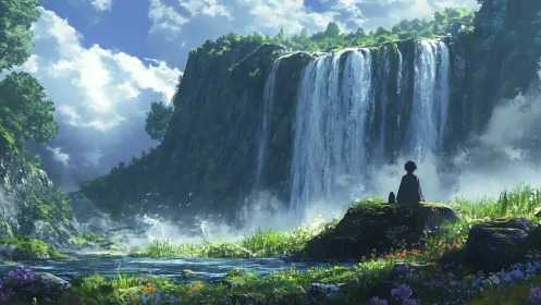 Solitary figure beside vast waterfall in lush valley.