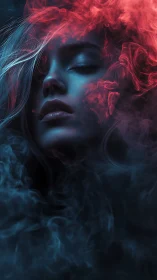 Surreal woman&rsquo;s face emerges through red and blue vapor.