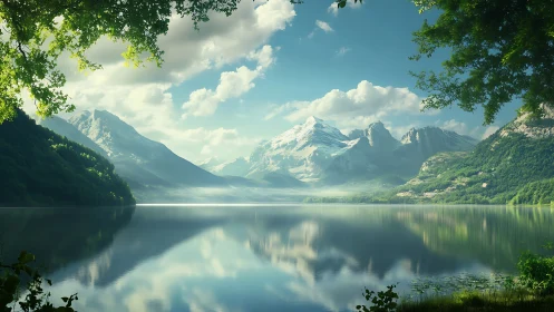 Serene alpine lake mirroring misty snowcapped mountain range.