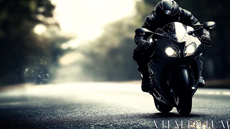 Sport motorcycle rider on wet highway at dawn speed run.