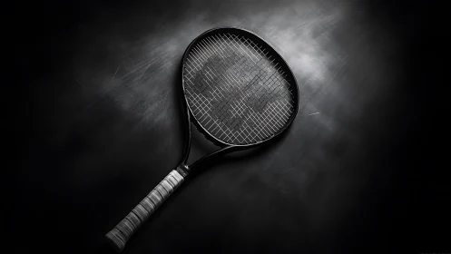 Isolated tennis racket rests on dark textured studio surface