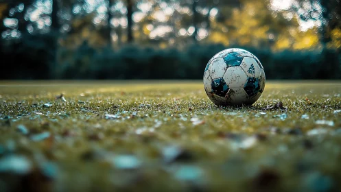 Weathered soccer ball on dewy grass with shallow depth focus