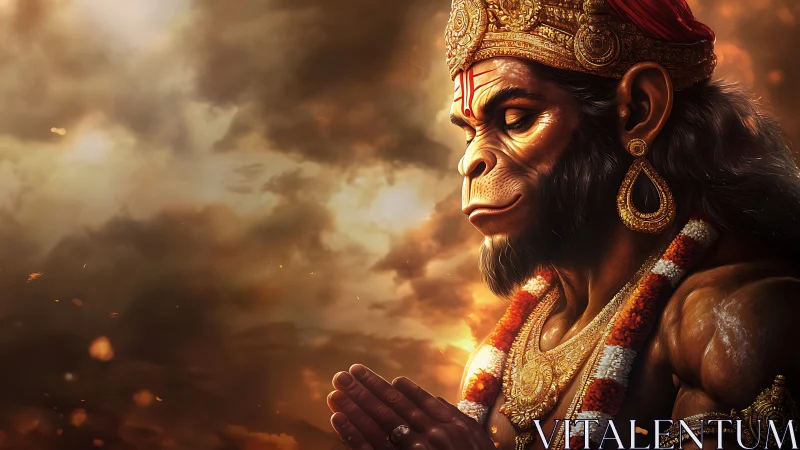Divine simian warrior in prayer under fiery celestial sky.