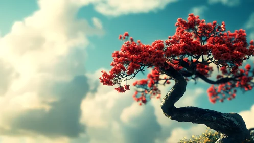 Vibrant red bonsai tree against dreamy sky in surrealist style.