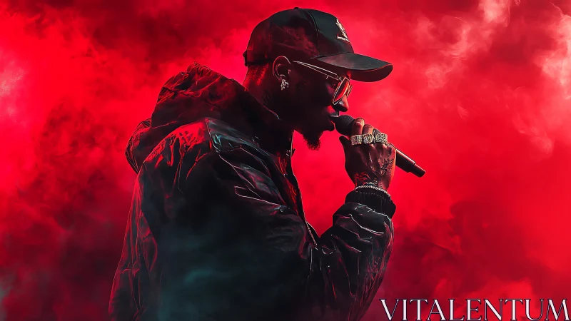 Rapper holds microphone on stage amid dense red smoke