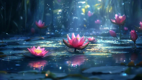 Enchanted lotus pond under ethereal blue moonlit rain.