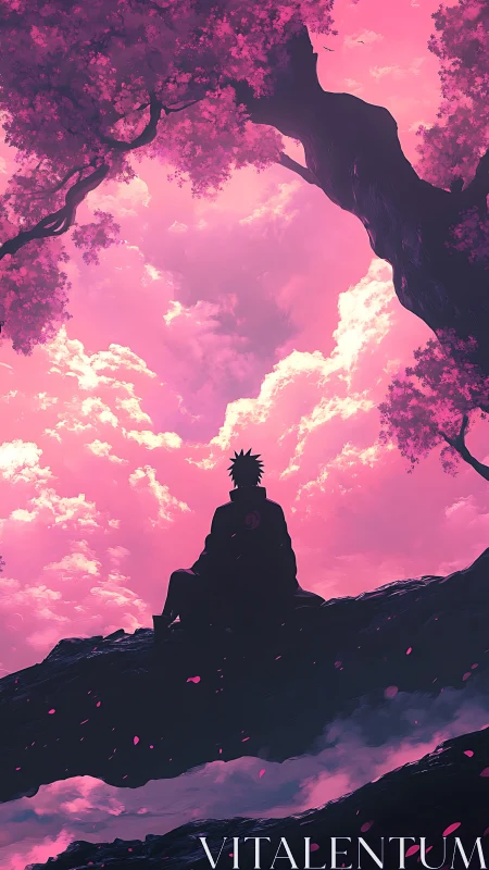 Silhouette figure on tree branch under vivid pink sky.
