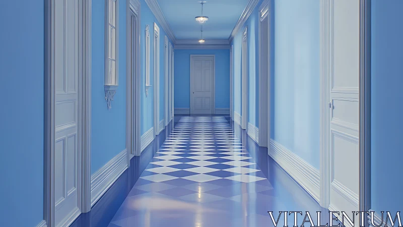Long blue hallway with white doors and geometric floor.