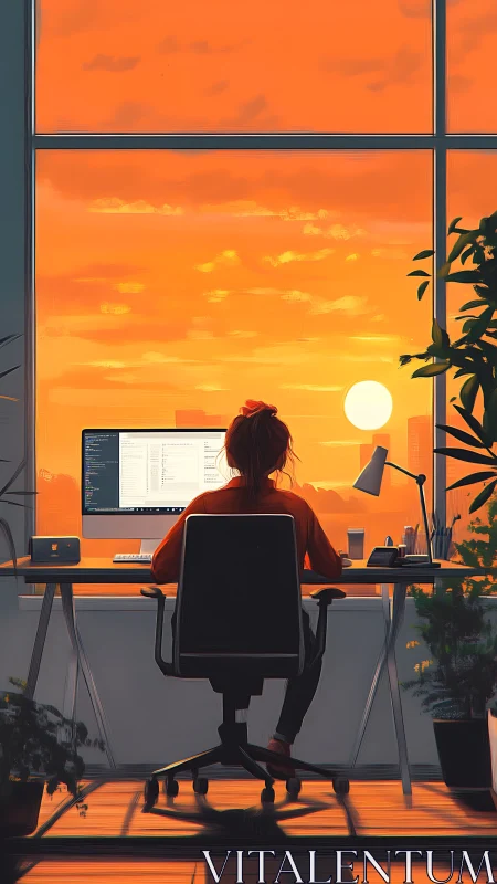 Coder works at sunset-lit desk before panoramic window