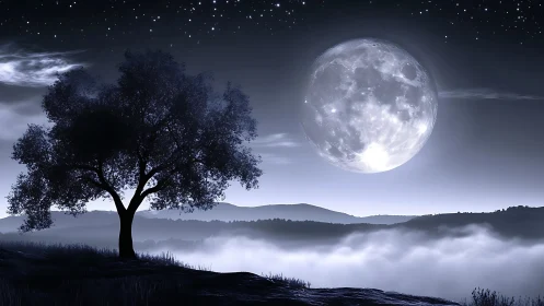 Lunar-illuminated hillside tree with stratified fog layers at night.