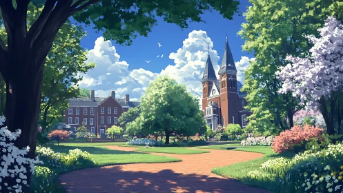 Sunny campus quad with brick chapel and spring trees.