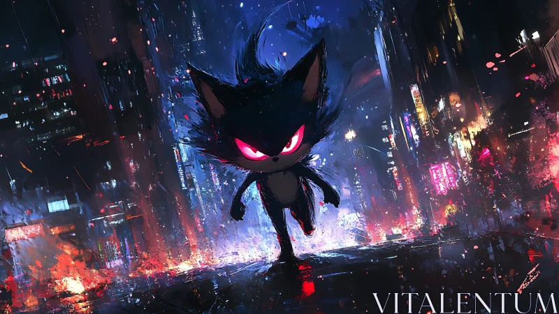 Neon-eyed shadow cat storms through chaotic cyber city.