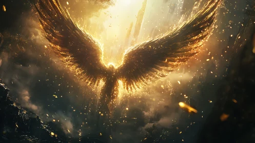 Backlit seraphic figure with radiant golden wings in volumetric haze