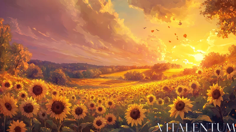 Golden sunflower valley glows under radiant sunset sky
