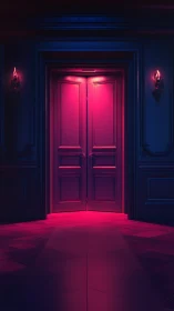 Closed double doors in neon pink and deep blue hallway.