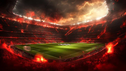 Fiery football stadium with glowing pitch under stormy sky.