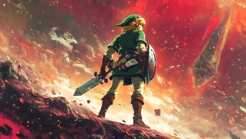 Heroic swordsman framed against turbulent, high-contrast lava sky