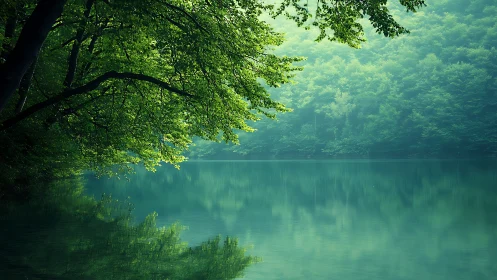 Tranquil forest lake under lush emerald canopy reflection.
