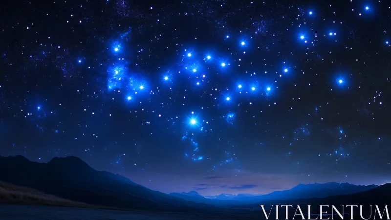 Brilliant blue starfield glows above tranquil mountain valley.