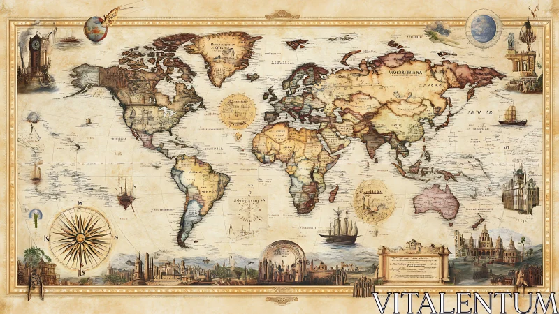 Vintage world map illustration with ornate nautical details.