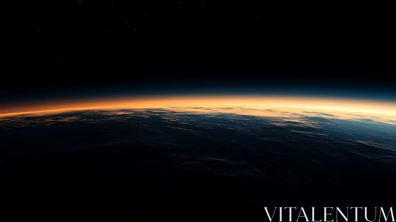 Orbital sunrise glow over dark Earth horizon from space.