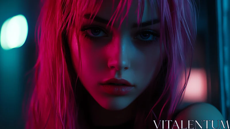 Neon-lit portrait captures intense gaze in cyberpunk glow.