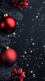 Red Christmas ornaments hang beside frosted pine branches