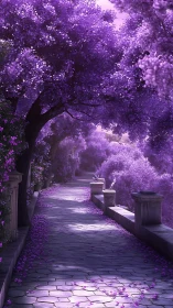 Spectral lilac tree corridor with tiled promenade perspective.
