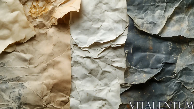 Textured triptych of crumpled neutral tone paper layers.