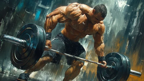 Muscular athlete strains under heavy barbell deadlift