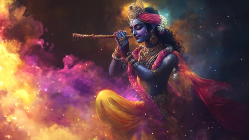 Celestial flute player drifts through cosmic color storms.