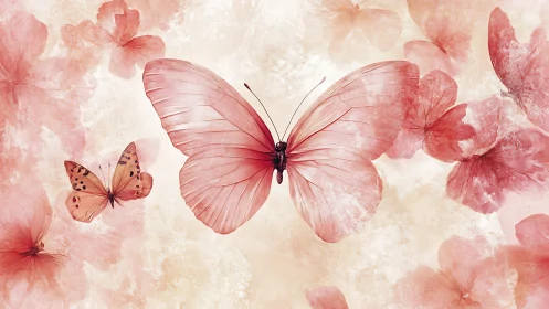 Soft pink butterflies drift among ethereal watercolor blooms.