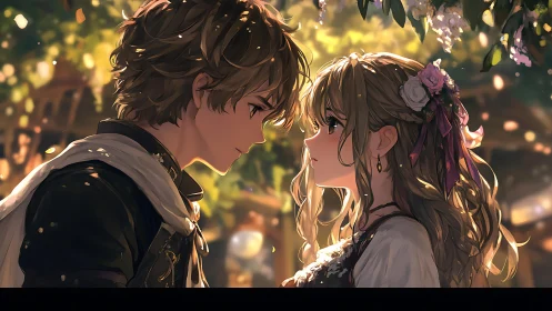 Romantic anime couple share quiet moment under lantern lights