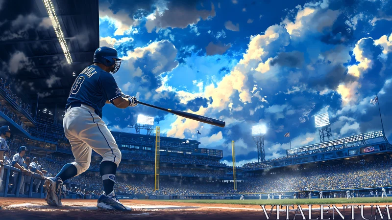 Low-angle baseball batter under luminous stadium sky at dusk.