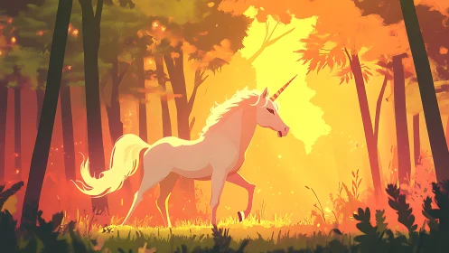 Sunlit unicorn wandering through ember-bright enchanted forest.