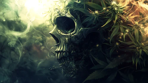 Skull of entwined cannabis leaves glows in eerie smoke.