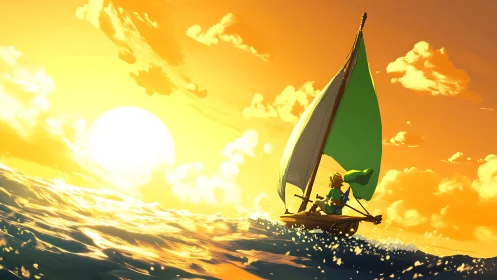 Cartoon sailor steers small sailboat across glowing sunset sea