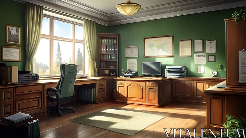 Sunlit executive office with classic wood furnishings.