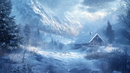 Isolated timber cabin in blue-toned alpine winter blizzard