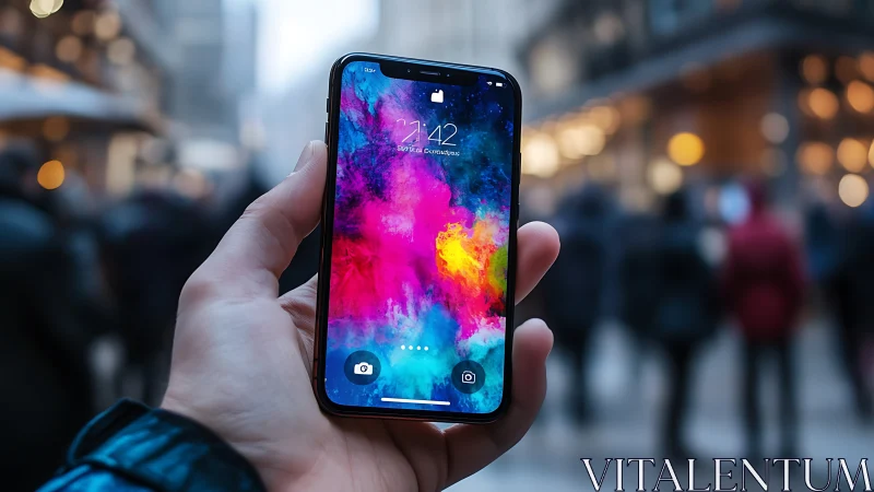 Hand holds smartphone in sharp focus against blurred street