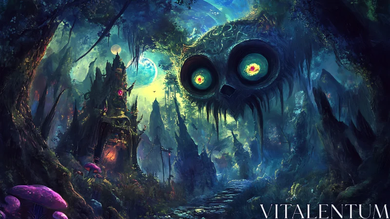 Haunted bioluminescent forest under looming spectral owl face.