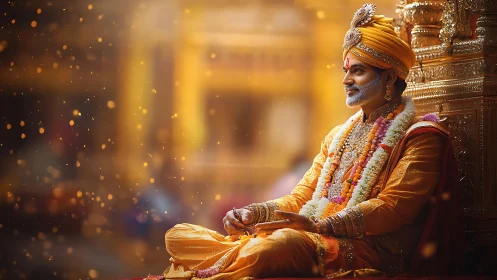 Regal Indian spiritual leader in golden ceremonial attire.