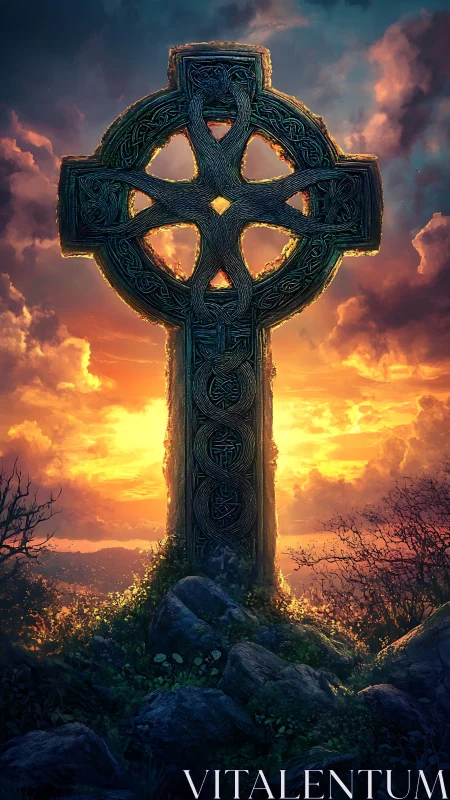 Celtic stone cross tower against blazing sunset sky.