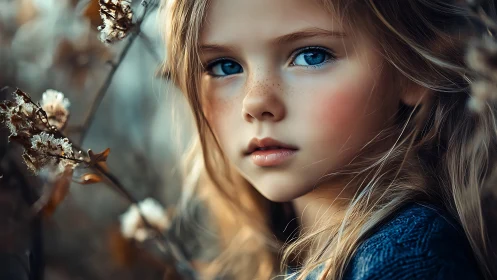 Portrait of Young Subject with Chromatic Iris Pigmentation and Botanical Framing Element.