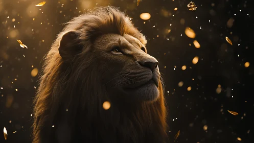 Majestic lion portrait under falling golden petals.