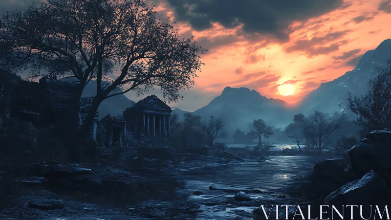 Ruined riverside temples below mountains at sunset.